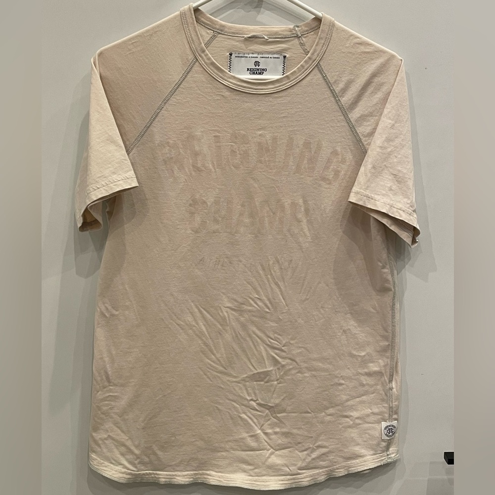 Reigning Champ 100% Cotton T Shirt. Size Small, off white, logo across chest.